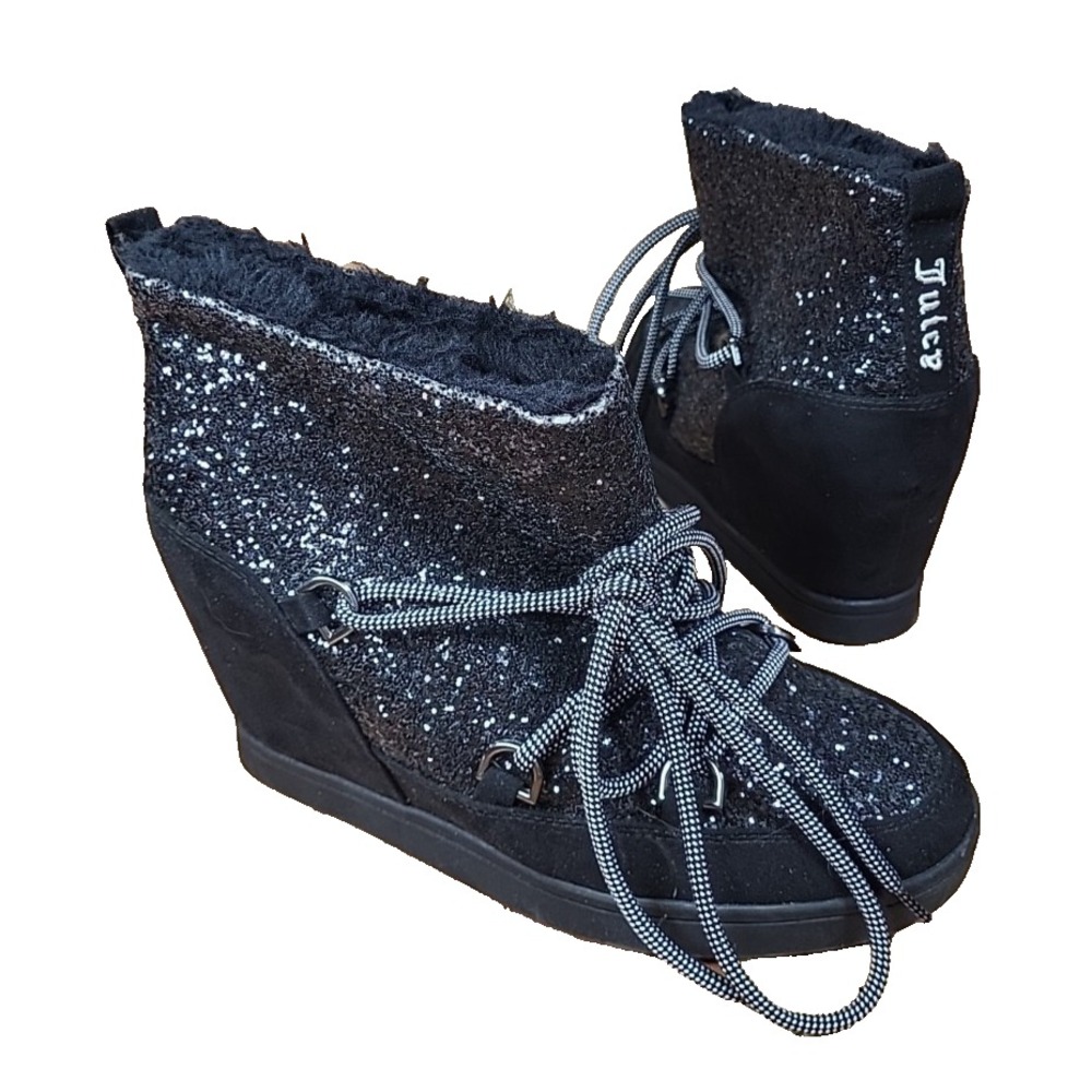 Juicy Couture‎ Mareen Ankle Boots Womens Size 7 Black Y2K Wedge Glitter Sparkle